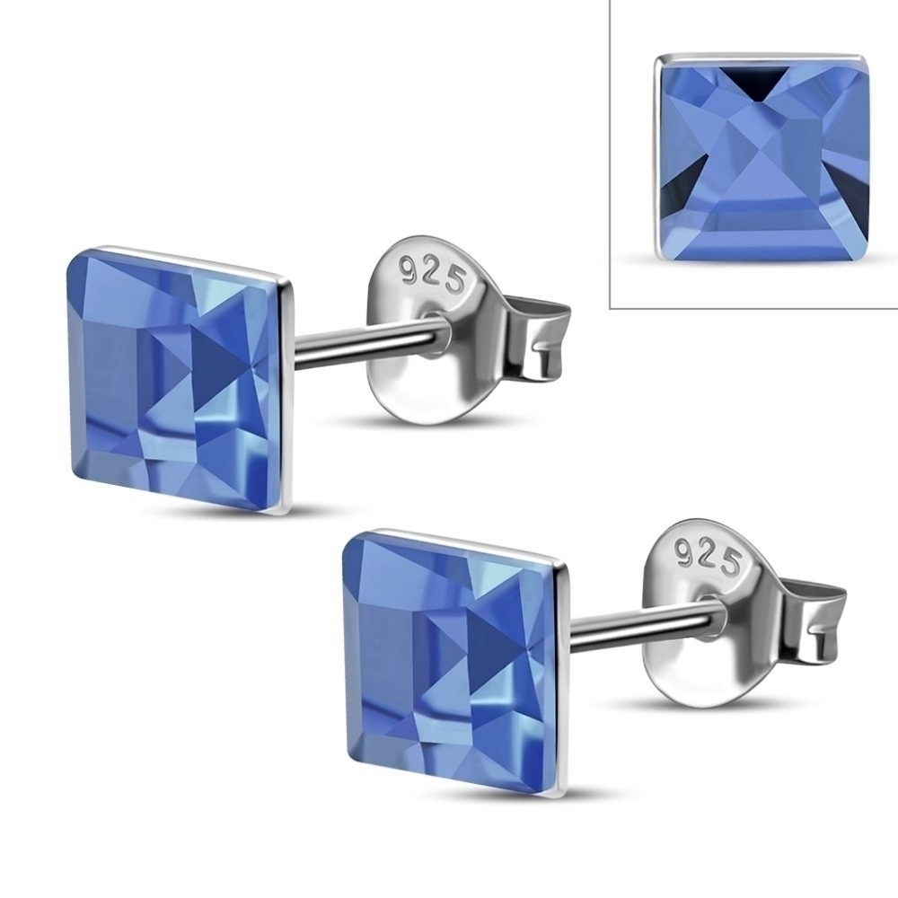 Earrings--𝅺sapphire CZ Square Silver Studs, tiny and very blue!